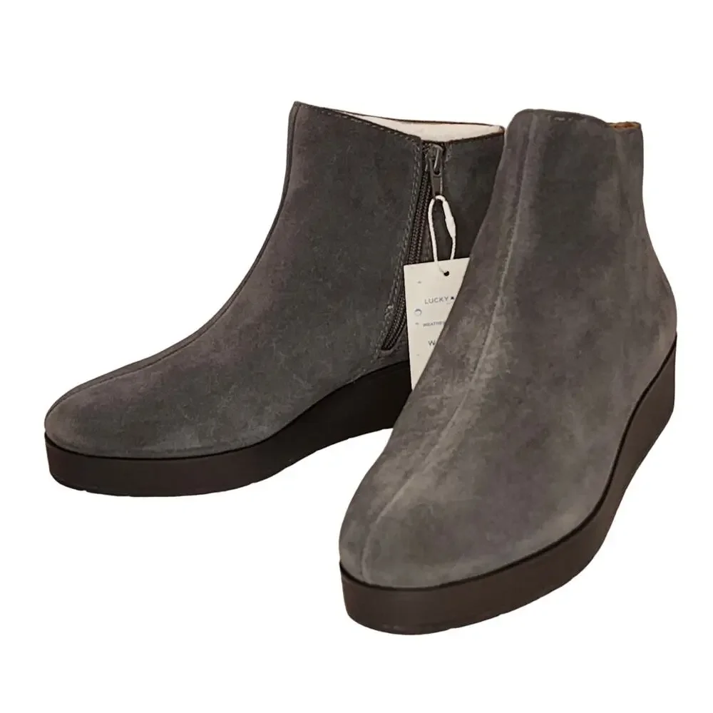 Lucky Brand Karmeya Storm Waterproof Suede Booties 10 Gray Wedge Ankle Boots NWT